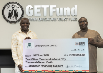 Chief Executive Officer of
JOBerg GH Ltd , Mr Joseph Magnus Marteye(right) presenting cheque to GETFUND
