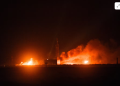 Fire and smoke rise from the launch pad of Blue Origin's New Glenn rocket as it explodes during a test, in Cape Canaveral, Florida, U.S., May 28, 2026, in this picture obtained from social media. Courtney Blair/via REUTERS Purchase Licensing Rights
