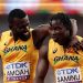TOKYO, JAPAN - SEPTEMBER 20: Joseph Paul Amoah embraces teammate Abdul-Rasheed Saminu following the Men's 4x100m Relay Heats on day eight of the World Athletics Championships Tokyo 2025 at National Stadium on September 20, 2025 in Tokyo, Japan.  (Photo by Christian Petersen/Getty Images)