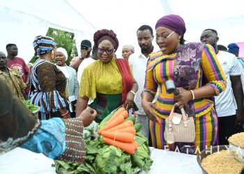 Deputy Minority Leader, Patricia Appiagyei, with the Member of Parliament for Savelugu Constituency, Hajia Fatahiya Abdul Aziz and women farmers