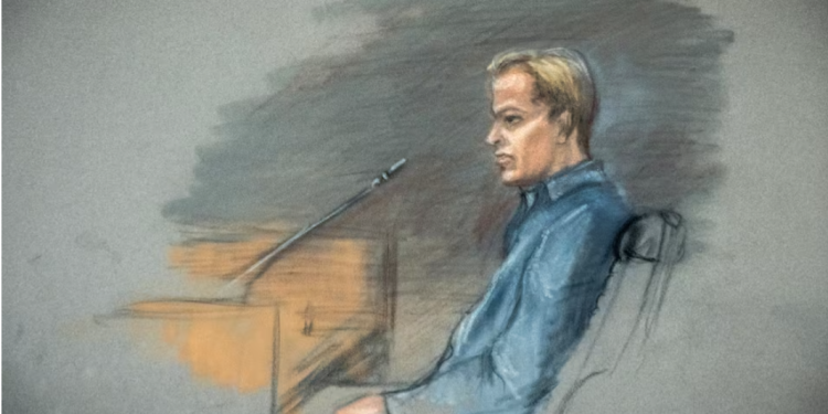 A court sketch shows Marius Borg Hoiby in the witness box in room 250 of the Oslo Courthouse, Oslo, Norway, February 5, 2026. NTB/Ane Hem/via REUTERS Purchase Licensing Rights