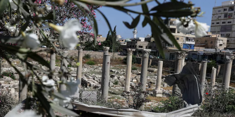 A piece of metal lies at of Al‑Bass Roman ruins, a UNESCO World Heritage site hit by an Israeli airstrike in Tyre, southern Lebanon June 25, 2026. REUTERS/Zohra Bensemra Purchase Licensing Rights