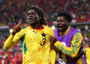 TORONTO, ONTARIO - JUNE 17: Caleb Yirenkyi #3 of Ghana celebrates with teammate Christopher Bonsu Baah #13 after scoring his team's first goal during the FIFA World Cup 2026 Group L match between Ghana and Panama at Toronto Stadium on June 17, 2026 in Toronto, Ontario. (Photo by Robert Cianflone/Getty Images)