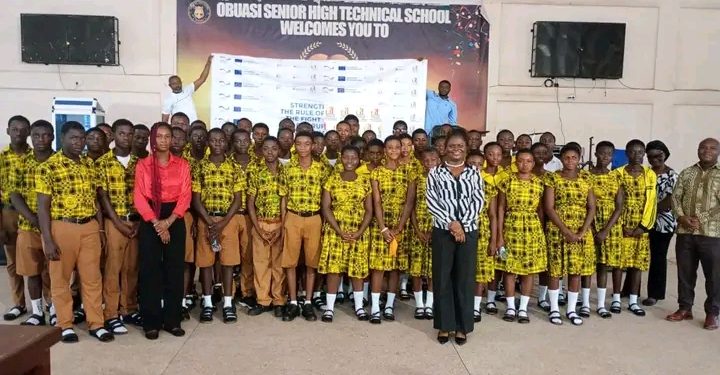 Obuasi Municipal Directorate of the National Commission for Civic Education with students at the Obuasi Senior High Technical School