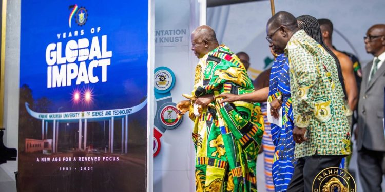 Asantehene Otumfuo Osei Tutu II unveils the commemorative anniversary book, 70 Years of Global Impact, which featured Telecel CEO, Ing. Patricia Obo-Nai.