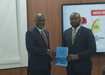 Chief Executive Officer of Ghana Digital Centres Limited, Dzifa Gunu(right)  YEA Chief Executive Officer, Malik Basintale(left)