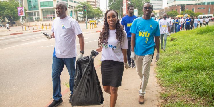 Management and staff of the Ghana Export-Import Bank (GEXIM), led by the Deputy Chief Executive Officer for Finance and Administration, Mr. Victor Easmon, participating in the National General Clean-up Exercise in Accra, on Friday, 10th July 2026.