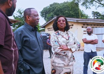Ghana Medical Trust Fund Administrator Adjoa Obuobia Darko-Opoku and KGL Group Chief Executive Officer Alex Apau Dadey at the inspection site at Ridge Hospital