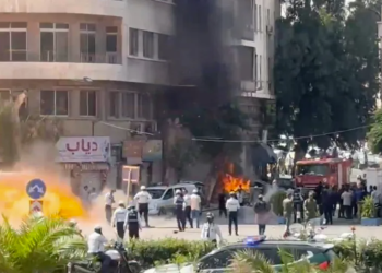 Smoke and fire rise at a site where explosive devices blew up in Damascus [Yamam Al Shaar/Reuters]